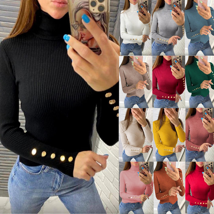 Metal Buckle Turtleneck Knit Pullover Sweater