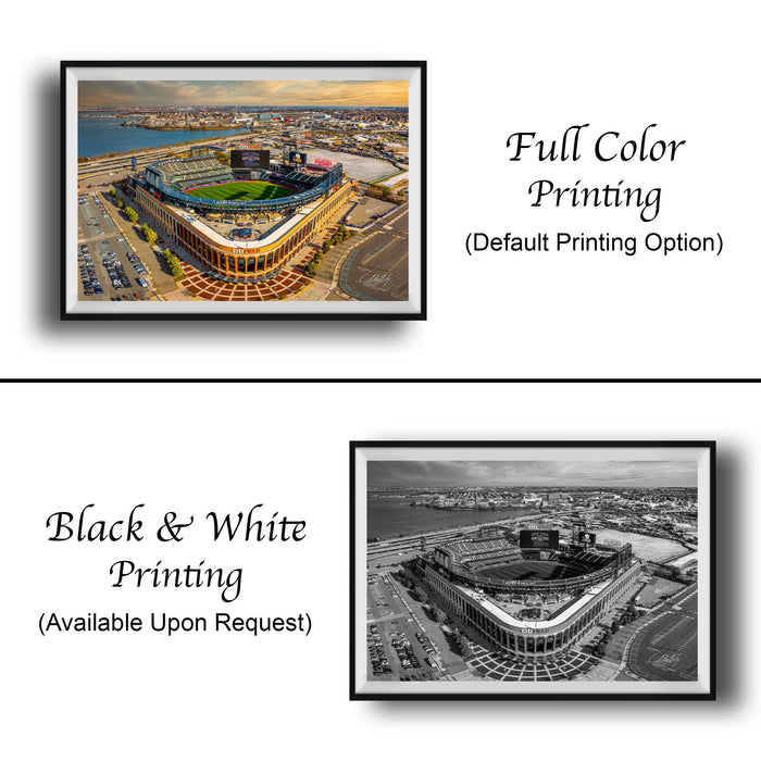 The image is a collage of two framed pictures. The left frame shows a full color image of a stadium, while the right frame displays a black and white version of the same stadium. The text below the images indicates that the full color printing is available upon request.