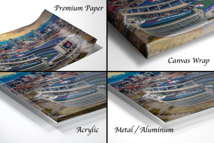 The image is a collage of four different views of a large stadium, likely the Denver Broncos stadium, with the stadium's exterior and surrounding cityscape.
