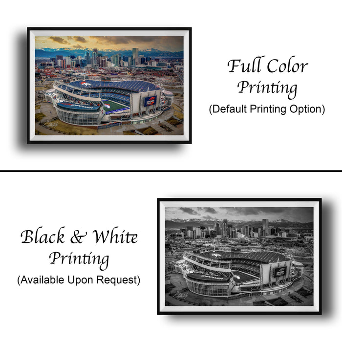 The image is a collage of two framed pictures. The top picture is a full color print of a city skyline, while the bottom picture is a black and white print of the same city skyline. Both pictures are framed and available upon request.