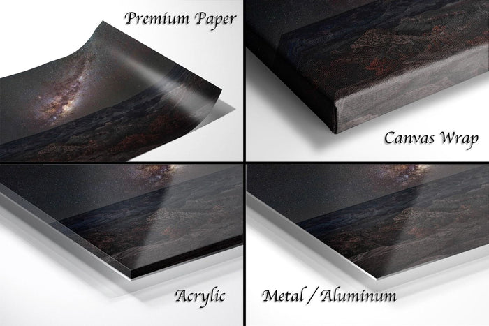The image is a collage of four different materials used for printing a photograph: premium paper, canvas wrap, acrylic, and metal/aluminum.