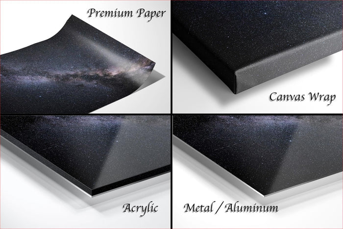 The image is a collage of four different images depicting various aspects of a starry night sky, including a canvas wrap, a premium paper, an acrylic, and a metal/aluminum.