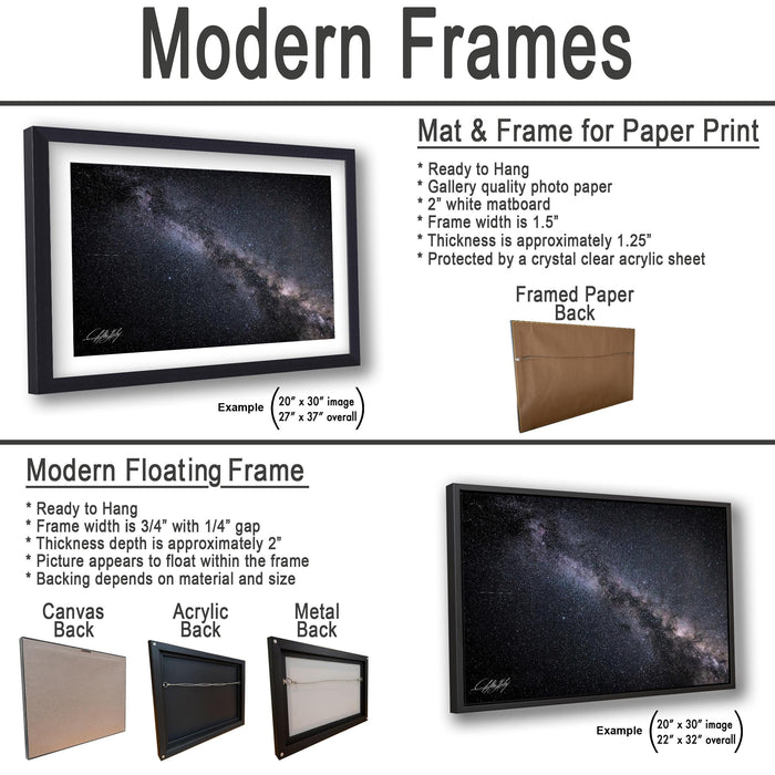 The image is a collage of various framed artworks, including a mat and frame for a paper print, a modern floating frame, and a framed paper back. The artworks are displayed in different sizes and frame types, showcasing the versatility of framed artworks.