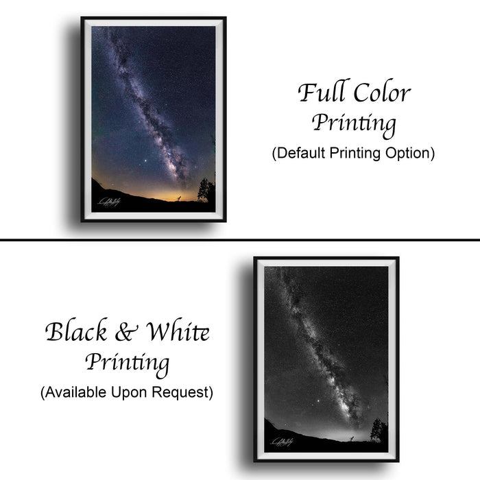 The image is a collage of two framed pictures depicting a night sky with a galaxy. The text below the images indicates that the full color printing option is available upon request, and the black and white printing option is also available.