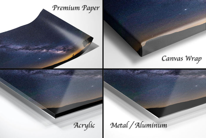 The image is a collage of four different views of a night sky, each with a different texture or finish, including "Premium Paper", "Canvas Wrap", "Acrylic", and "Metal/Aluminum".