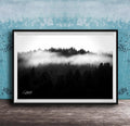 A black and white photograph of a forest landscape with misty mountains in the background.