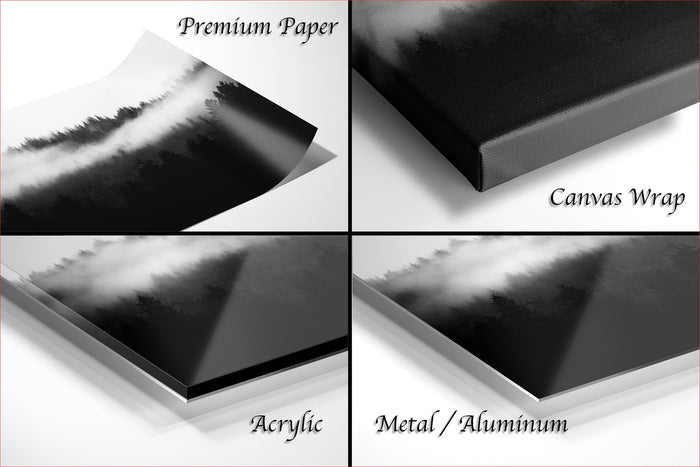 The image is a collage of four different images, each depicting a landscape scene. The images are labeled as "Premium Paper", "Canvas Wrap", "Acrylic", and "Metal/Aluminum".