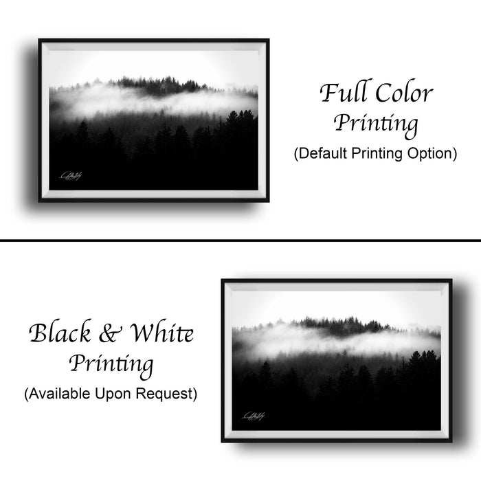 The image is a black and white photograph of a forest with a misty, hazy effect. The image is framed and labeled as "Full Color Printing (Default Printing Option)" and "Black & White Printing (Available Upon Request)"