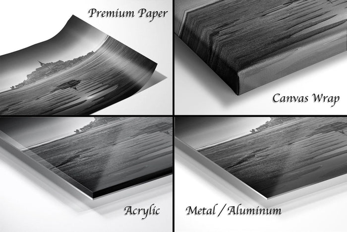 The image is a collage of four different types of photographic prints, including a premium paper print, a canvas wrap, an acrylic print, and a metal/aluminum print.