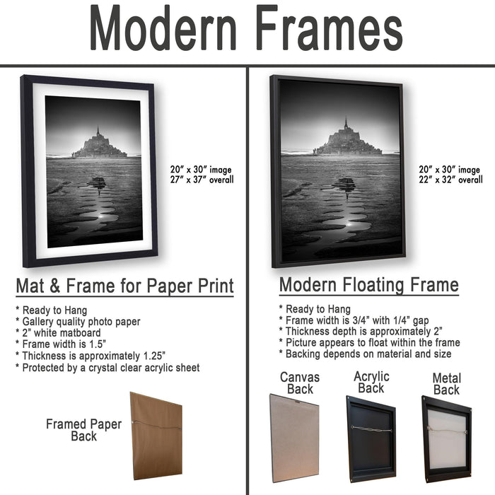 The image is a comparison of modern frames for different types of artwork, including a mat and frame for a paper print and a modern floating frame for a painting.