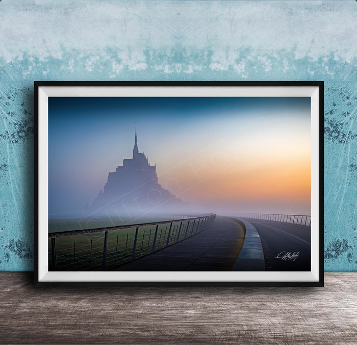 a serene landscape with a castle in the distance, surrounded by a misty atmosphere.