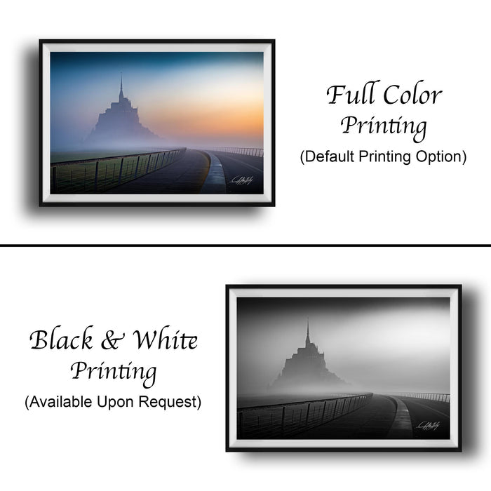 The image is a collage of two framed pictures, one in black and white and the other in full color. The black and white picture depicts a foggy landscape with a castle in the distance, while the full color picture shows the same landscape with a more vibrant and detailed appearance. Both pictures are framed and available upon request.