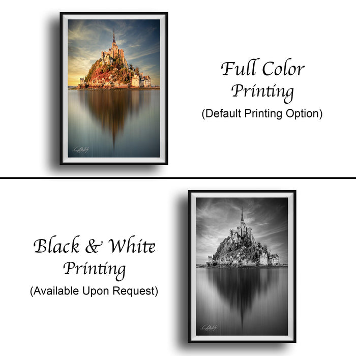 Mont Saint-Michel Poster, Normandy Coastal Art Print | Sunrise Fog