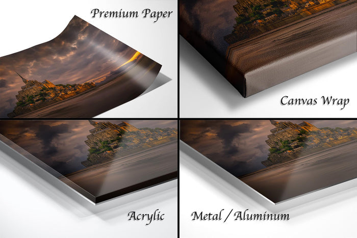 The image is a collage of four different views of a castle at sunset, each with a different finish: premium paper, canvas wrap, acrylic, and metal/aluminum.