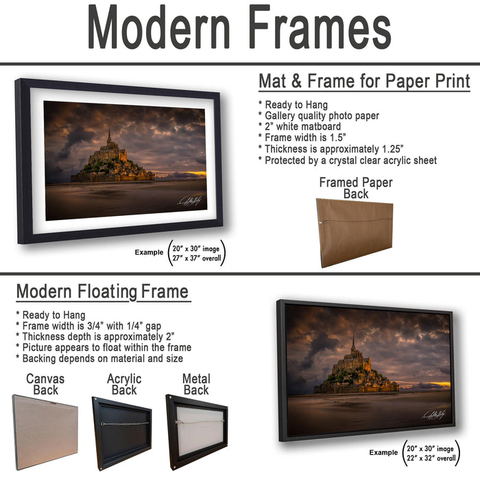The image is a collage of two framed artworks, one of which is a mat and frame for a paper print, and the other is a modern floating frame.