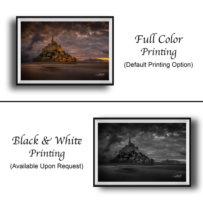 The image is a collage of two framed pictures. The top picture is a full-color print of a castle, while the bottom picture is a black and white print of the same castle. Both pictures are framed and available upon request.