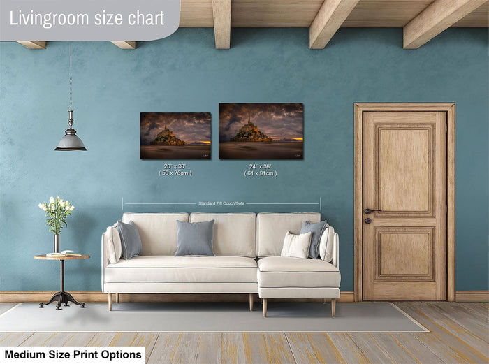 a living room with a white sofa, a wooden door, and a painting of a castle on the wall. The living room has a blue wall and a wooden floor.