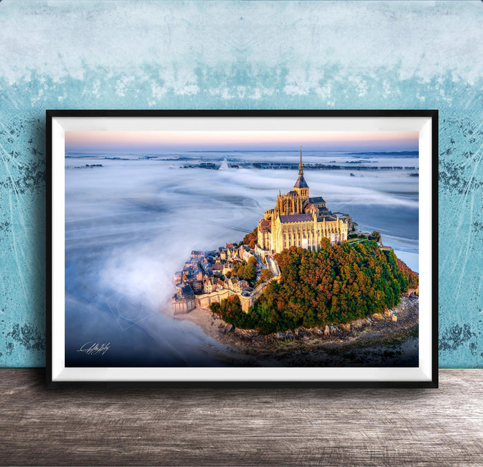 Mont Saint-Michel Poster, Normandy Coastal Sunrise Fog Wall Art