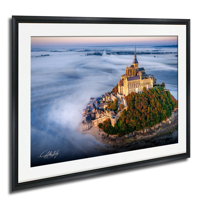 Mont Saint-Michel Poster, Normandy Coastal Sunrise Fog Wall Art