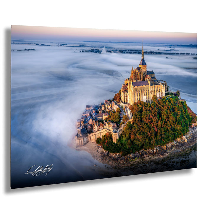 Mont Saint-Michel Poster, Normandy Coastal Sunrise Fog Wall Art