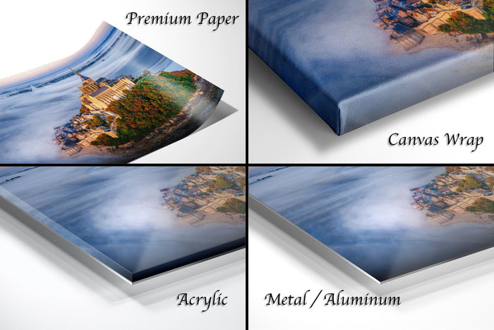 Mont Saint-Michel Poster, Normandy Coastal Sunrise Fog Wall Art