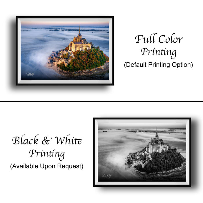 Mont Saint-Michel Poster, Normandy Coastal Sunrise Fog Wall Art
