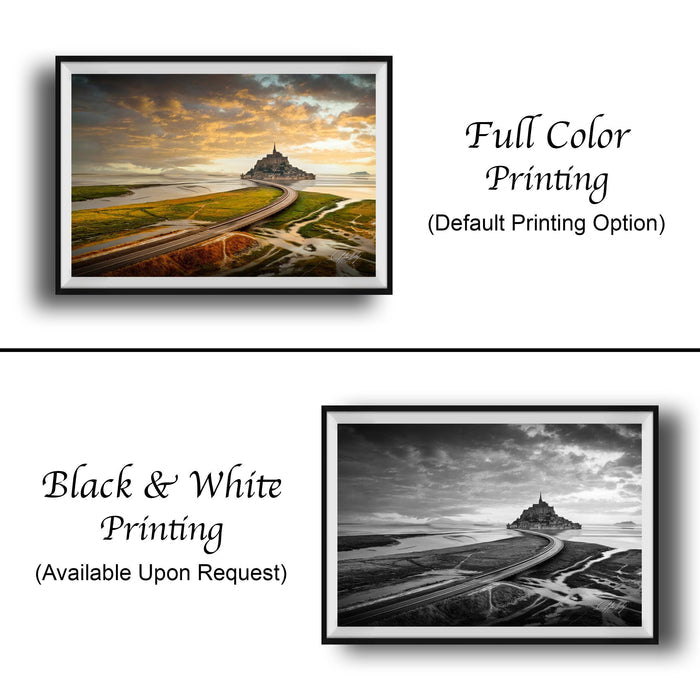 The image is a collage of two framed pictures. The top picture is a full color print of a landscape with a castle in the distance, while the bottom picture is a black and white print of the same landscape. The text below the images indicates that the full color printing is available upon request, and the black and white version is not.