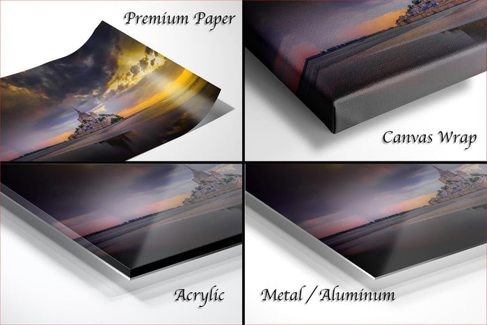 The image is a collage of four different views of a sunset over a body of water, with each view presented in a different medium: premium paper, canvas wrap, acrylic, and metal/aluminum.
