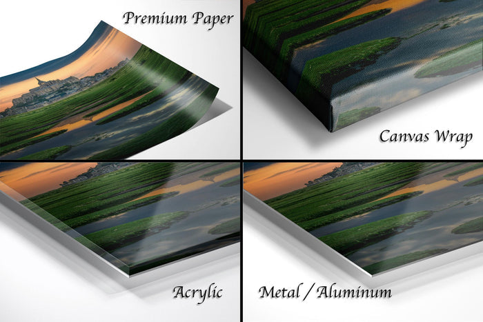 The image is a collage of four different images, each depicting a landscape scene. The images are labeled as "Premium Paper", "Canvas Wrap", "Acrylic", and "Metal/Aluminum".