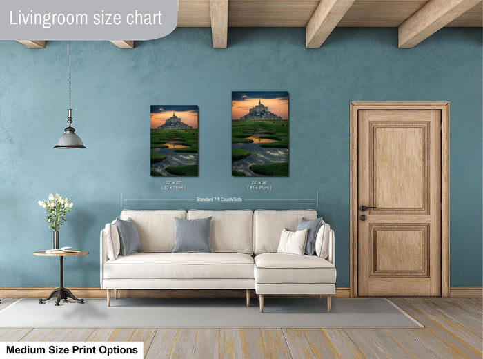 a living room with a white sofa, a wooden door, and a painting of a castle in the background. The painting is hung on the wall above the sofa, and the sofa is positioned in front of the painting.