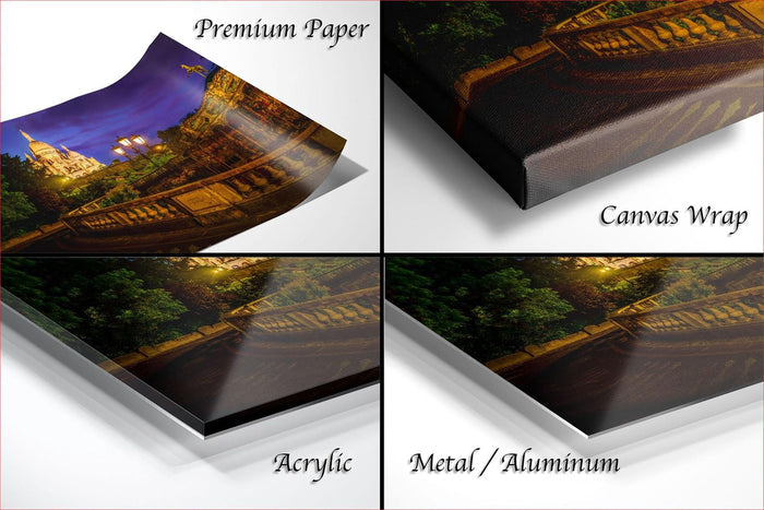 The image is a collage of four photos depicting a scenic landscape with a castle, trees, and a bridge. The photos are labeled as "Premium Paper", "Canvas Wrap", "Acrylic", and "Metal/Aluminum".