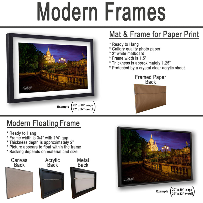 The image is a collage of two framed pictures, one of a cityscape at night and the other of a city street. The collage features a variety of frame options, including a mat and frame for paper print, a modern floating frame, and a framed paper back. The images are described in detail, providing examples of the different frame options and their respective sizes.