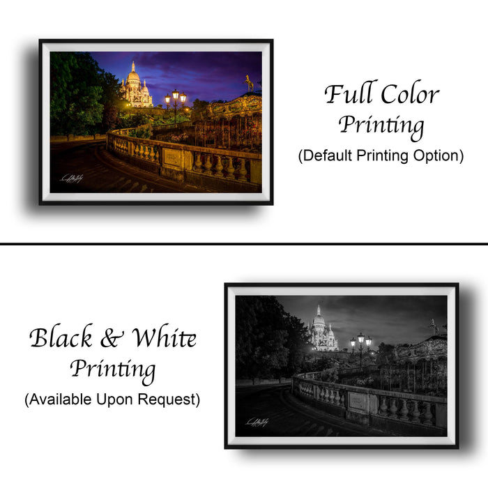 The image is a collage of two framed photographs. The top photograph is a full-color print of a city street at night, featuring a large cathedral and lampposts. The bottom photograph is a black and white print of the same city street at night, with the same cathedral and lampposts. Both photographs are framed and available upon request.