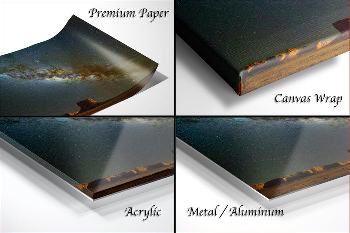 The image is a collage of four different types of materials used for printing or framing artwork, including premium paper, canvas wrap, acrylic, and metal/aluminum.
