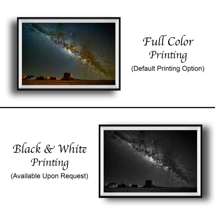 The image is a collage of two framed pictures, one in black and white and the other in full color. The black and white picture depicts a desert landscape, while the full color picture shows a galaxy. The black and white picture is labeled as "Black & White Printing" and the full color picture is labeled as "Full Color Printing (Default Printing Option)".