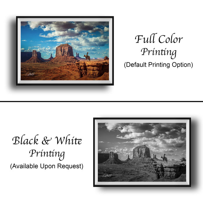 The image is a collage of two framed pictures. The top picture is a full color print of a desert landscape with mountains, while the bottom picture is a black and white print of the same desert landscape.