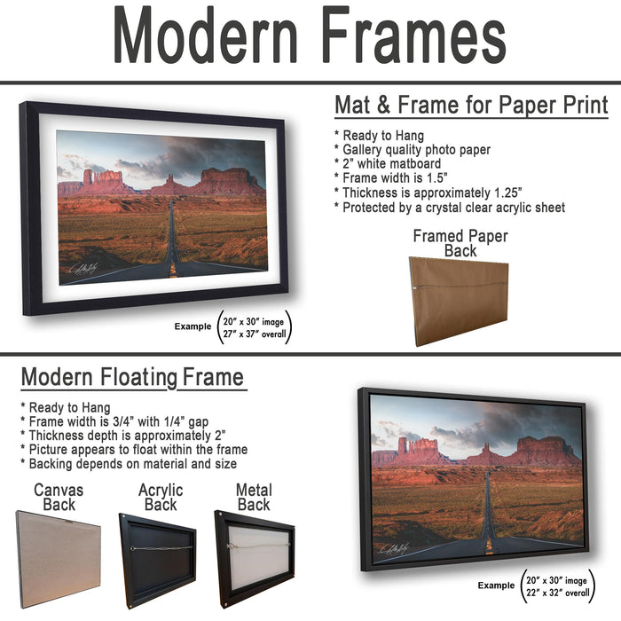 The image is a collage of three framed artworks, each depicting a different landscape scene. The first artwork is a mat and frame for a paper print, the second is a modern floating frame, and the third is a mat and frame for a paper print.
