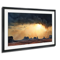 a dramatic desert landscape with a dramatic sky filled with clouds and the sun peeking through, creating a striking contrast between the dark sky and the warm, golden light.