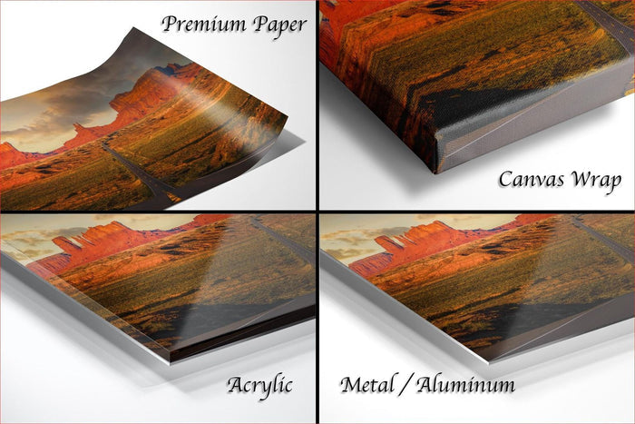 The image is a collage of four different views of a landscape, including a close-up of a canvas wrap and a close-up of a premium paper.