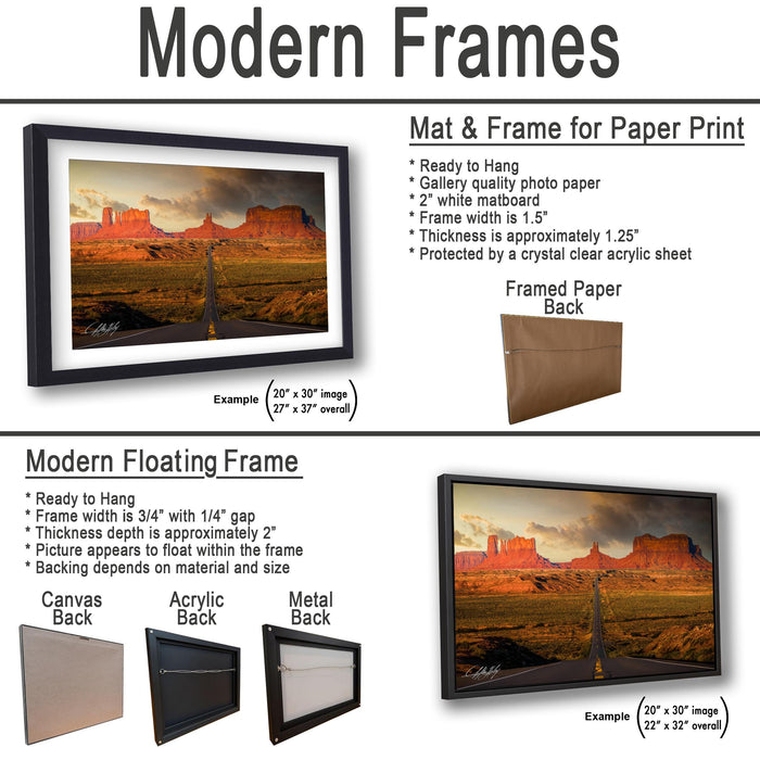 The image is a collage of three framed artworks, each depicting a desert landscape with a road leading to a mountain. The artworks are framed in different materials, including acrylic, metal, and paper.