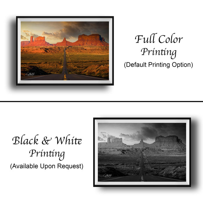 The image is a collage of two framed pictures. The top picture is a full color print of a desert landscape with mountains in the background, and the bottom picture is a black and white print of the same desert landscape.