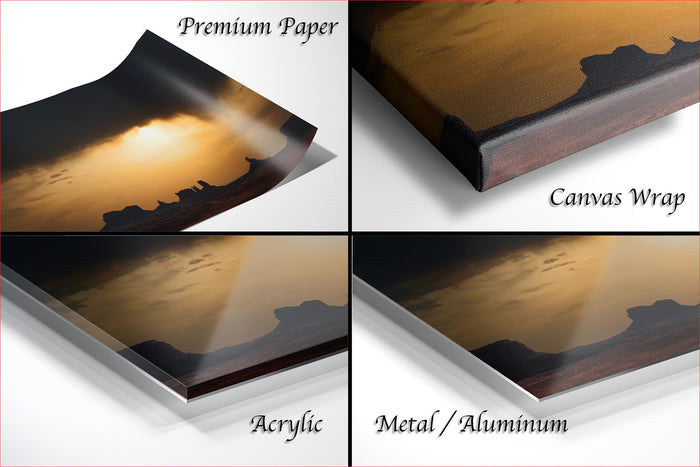 The image is a collage of four different images, each depicting a sunset landscape. The images are labeled as "Premium Paper", "Canvas Wrap", "Acrylic", and "Metal/Aluminum".