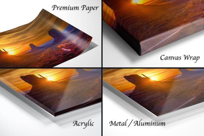 The image is a collage of four different images, each depicting a sunset over a mountain landscape. The images are labeled as "Premium Paper", "Canvas Wrap", "Acrylic", and "Metal/Aluminum".