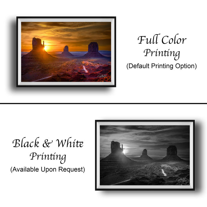 The image is a collage of two framed pictures. The top picture is a full-color print of a desert landscape at sunset, while the bottom picture is a black and white print of the same desert landscape. The text below the images indicates that the full-color print is available upon request, and the black and white print is not.