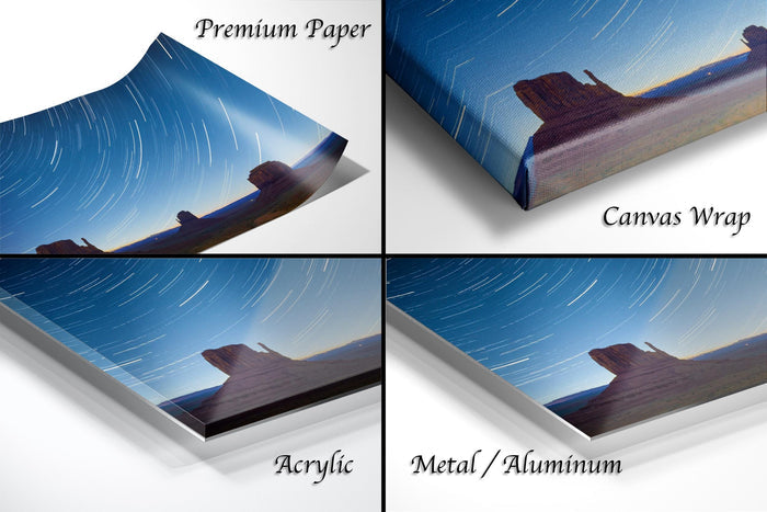 The image is a collage of four different images, each depicting a landscape with a mountain or hill under a starry sky. The images are labeled as "Premium Paper", "Canvas Wrap", "Acrylic", and "Metal/Aluminum".