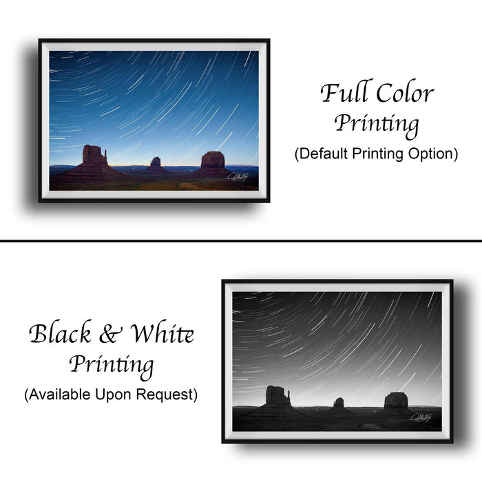 The image is a collage of two framed photographs. The top photograph depicts a desert landscape with a starry night sky, while the bottom photograph shows a starry night sky with a silhouetted landscape. The text below the images indicates that the full color printing is available upon request, and the black and white printing is not available unless explicitly requested.