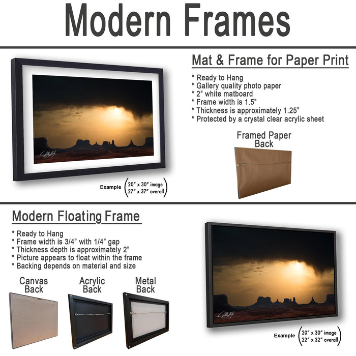 The image is a collage of two framed pictures, one of a sunset and one of a desert landscape. The framed picture is a mat and frame for a paper print, while the other is a modern floating frame.