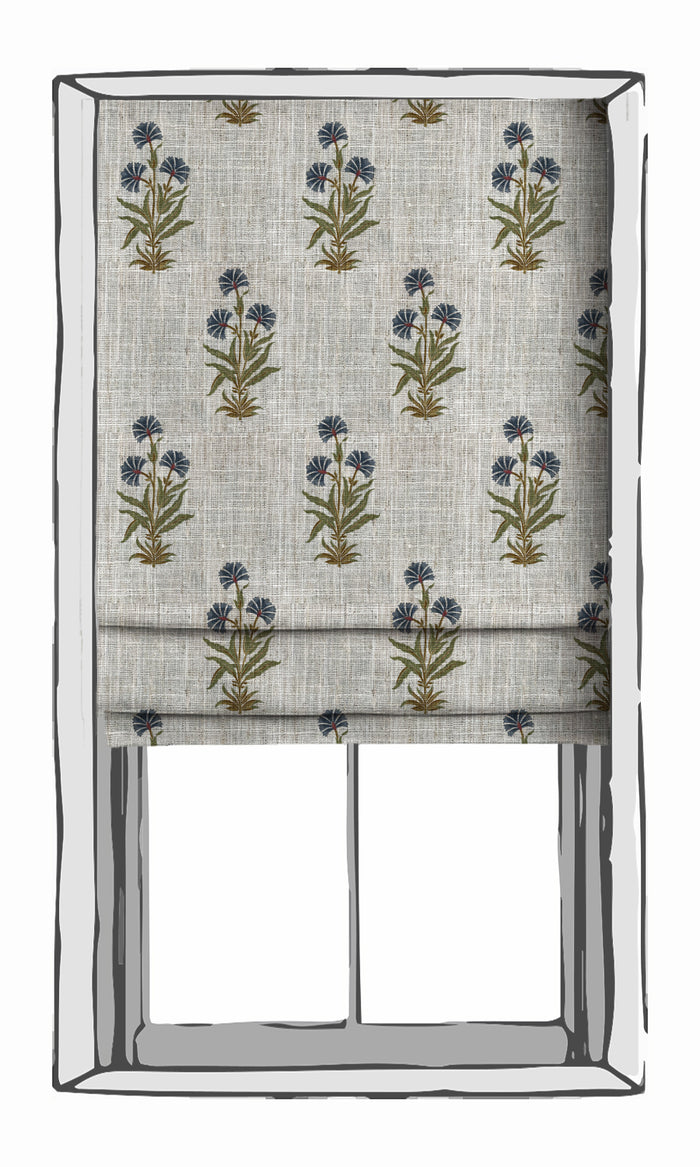 Floral Window Treatments Fabric By the Metre (White/ Navy Blue/ Green)