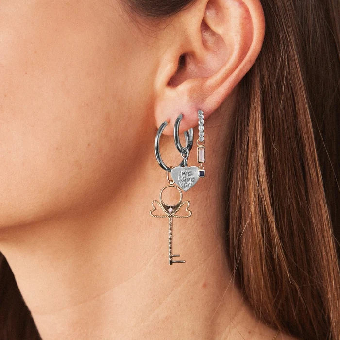 Moonglade Hoops in sterling silver with white sapphire, alternate angle detail view