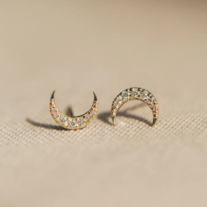 Moonlight Crescent Earring in 14k yellow gold, studio detail view
